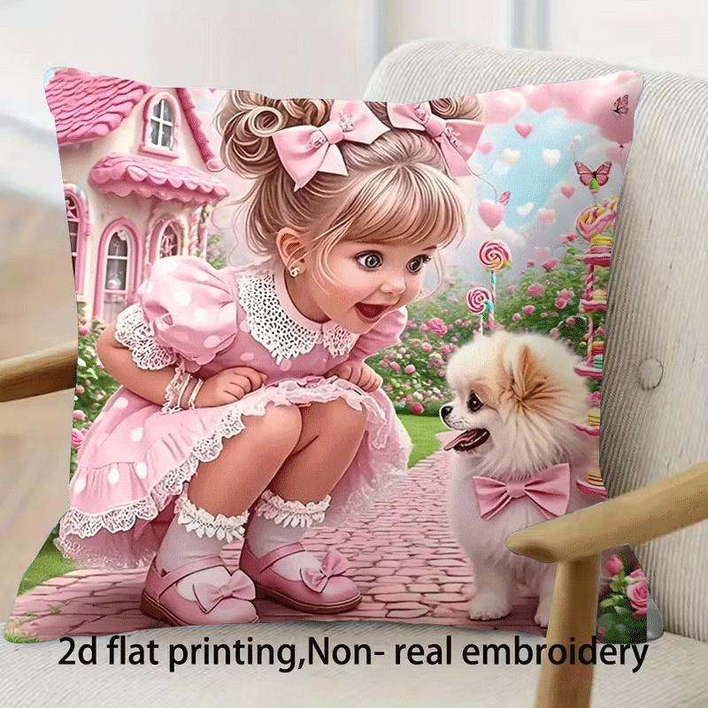 

Cute Doll Pillowcase Pink Princess Girl Cushion Cover Cartoon Pet Dog Throw Pillow Sweet Fantasy Decor Kids Room Gift 40cmx40cm