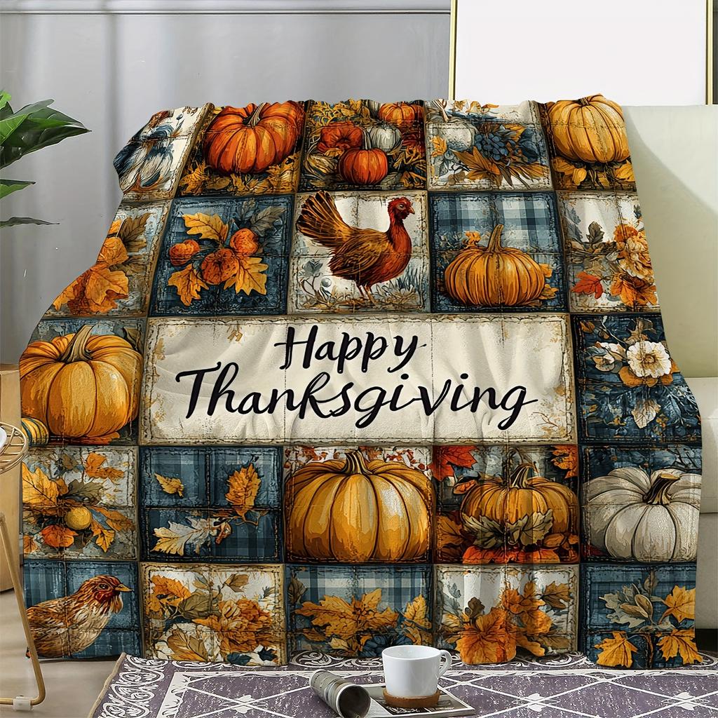 Cozy Flannel Thanksgiving Blanket with Turkey, Pumpkin & Leaf Print - Soft, Warm Throw for Couch, Bed, Car, Office, Camping