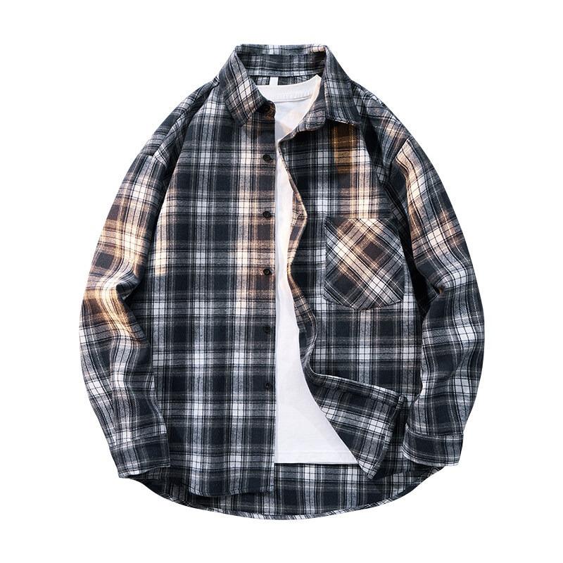 Men S Hong Kong Style Plaid Long Sleeve Casual Shirt Plus Size