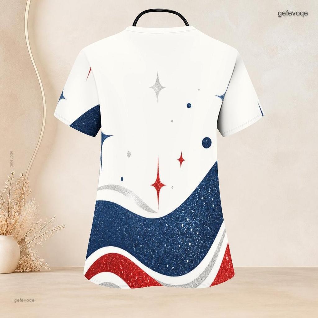 Women Plus Size Printed Nurse Scrub Top V Neck Short Sleeve With Front Pockets Navy Blue Red Silver Firework Print