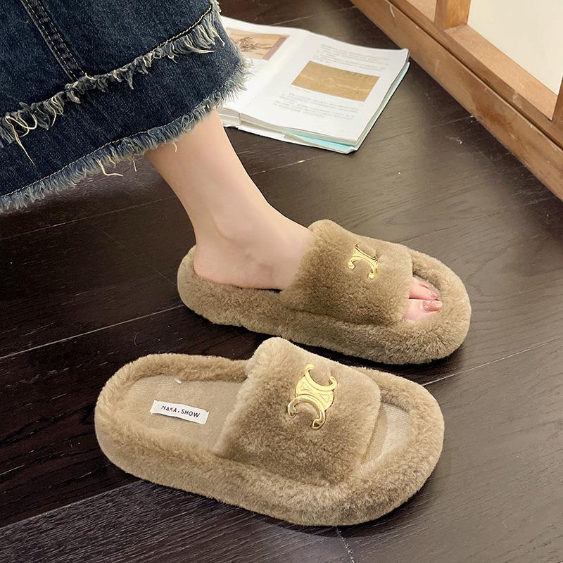 Mao Mao Slippers Wear Women's 2025 New Autumn and Winter Commuting One-character Cotton Drag Versatile Fish Mouth To Keep Warm One Pedal