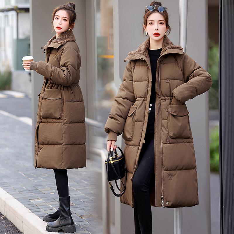Winter lapel down cotton-padded clothes women's medium and long over-the-knee thickened new loose waist cotton-padded jacket thermal cotton-padd