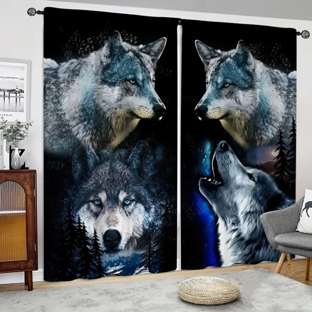 Wild Wolf Animal Round Shiny Moon Budget Friendly Curtains Blinds Suitable for Living Area Kids Bed Room Bathroom Kicthen Door Home Decoration