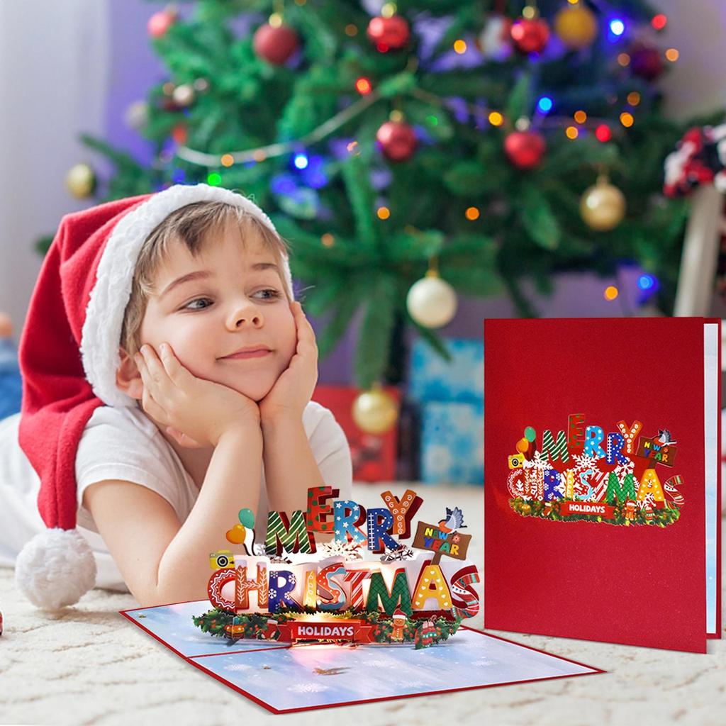 Merry Christmas Cards 3D Holiday Card With Music And Light Celebration Keepsake For Kids Boys Girls Family Greetings Birthday