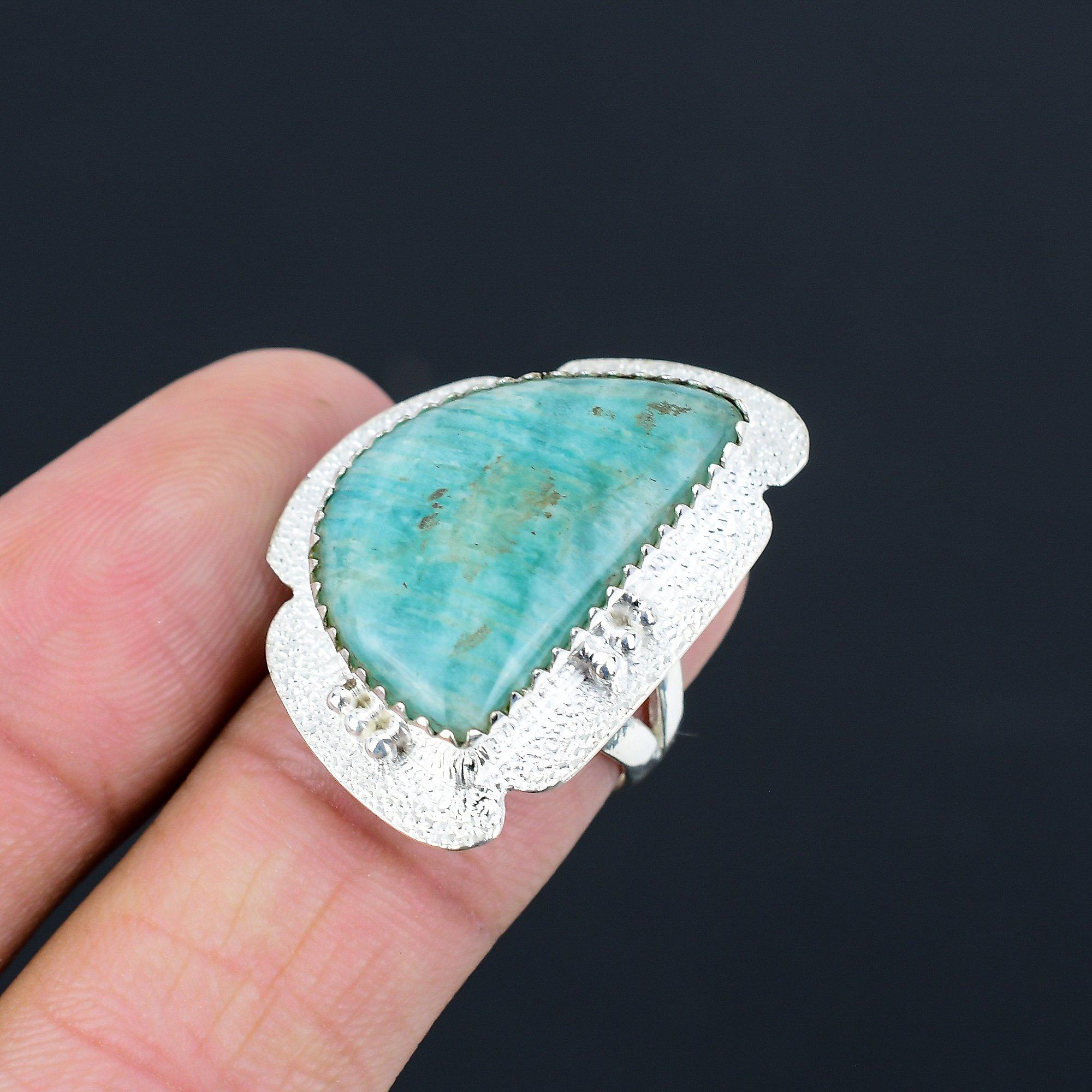 925 Sterling Silver Amazonite Stone Solitaire Heart Chakra Ring Jewelry Size 7 7