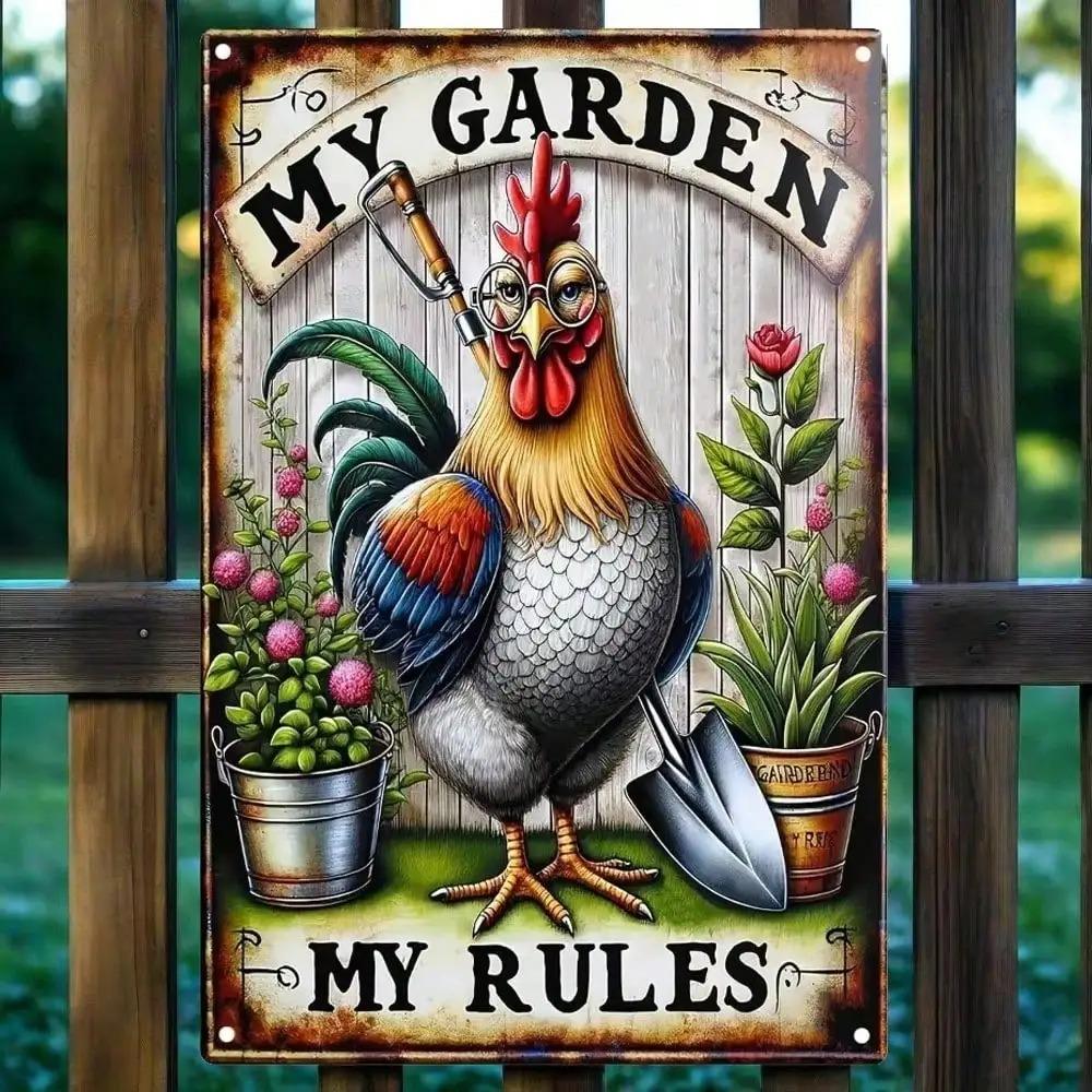 1pc Funny Chicken Aluminum Metal Sign My Garden My Rules Farmhouse Decor Outdoor Garden Gift Wall Art