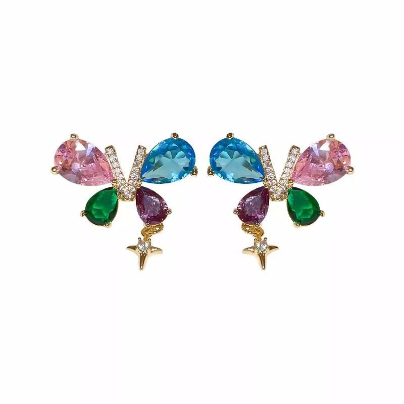 Pinkdudu Butterfly Earrings Colorful Zircon Earrings for Women Fresh & Dainty Stud Earrings PD1884