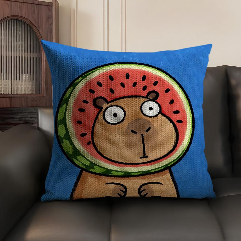 Cute Kicapara Cartoon Cushion Cover Natural Linen Organic Fabric Double-Sided Printing Sofa Home Decor Gift Pillow Case