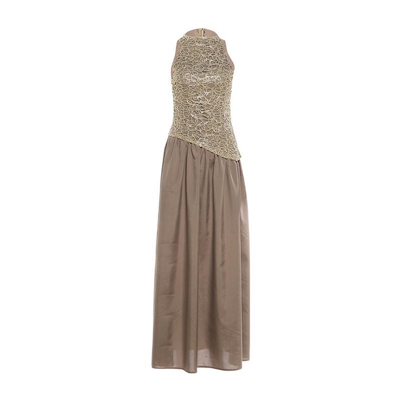 2026 European and American spring fashion new woven gold fabric splicing satin sleeveless dress dress