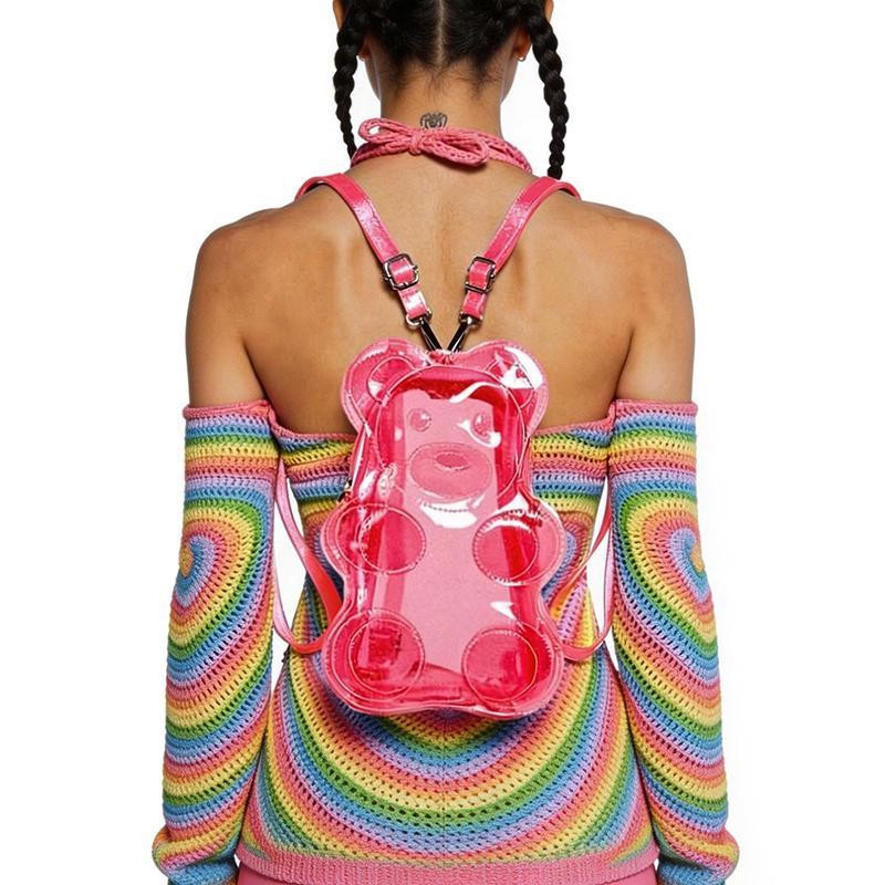 PVC Transparenter Rucksack Bonbonfarbe Y2K Umhängetasche Niedliche Bärenform für Teenager-Mädchen Schule und Täglichen Gebrauch