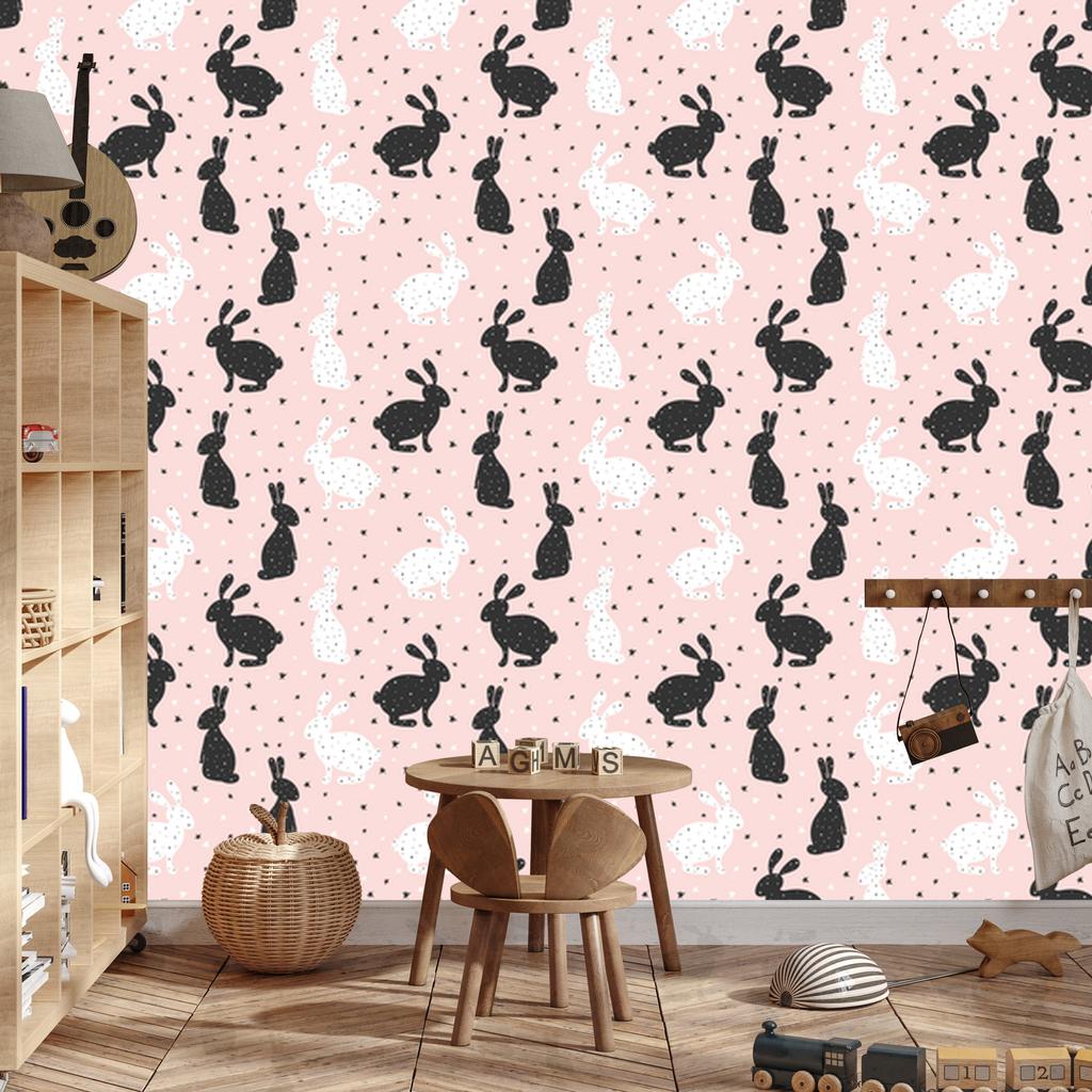 Wallpaper Black and White Bunnies Among Stars for Living Room and Bedroom 50x1000