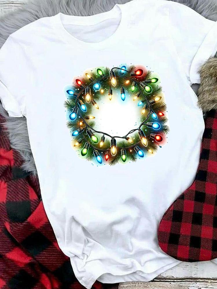 (Asian Size) Women Holiday Print Tee Top festival Merry Christmas New Year letter sweet 90s Casual  Lady Short Sleeve Fashion Graphic T-shirts