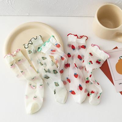 Thin Fruit Print Rolled Edges Stockings For Women Strawberry Cute Lolita JK Crystal Stockings