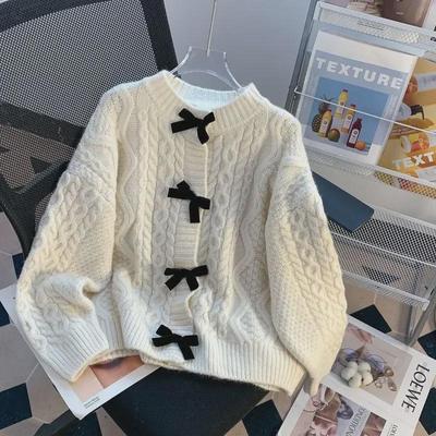 Chic Retro Bow Sweater Coat - Women's Spring/Autumn Loose Knit