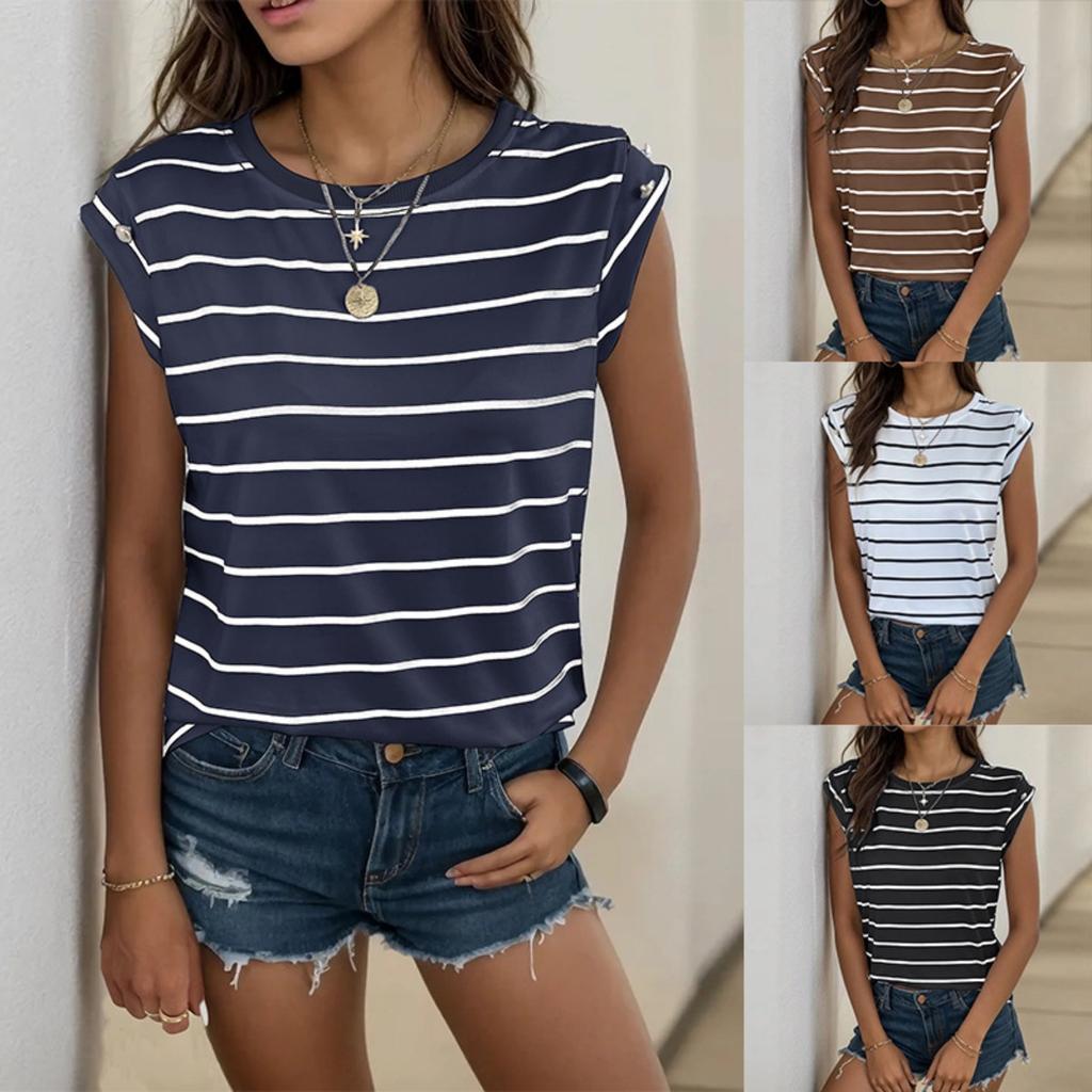 Summer Women's Classic Striped Sleeveless T-shirt Casual Versatile European American Style Tops