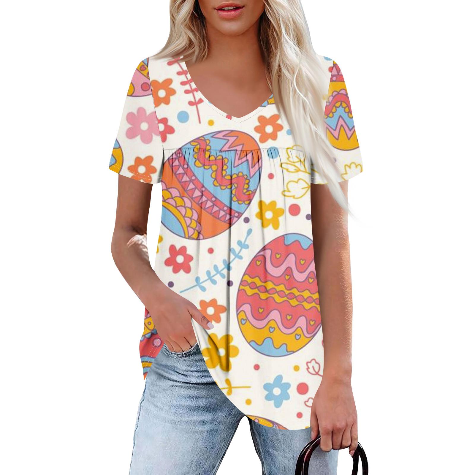 

Женская повседневная рубашка с V-образным вырезом и короткими рукавами, с плиссированным пасхальным принтом на груди L