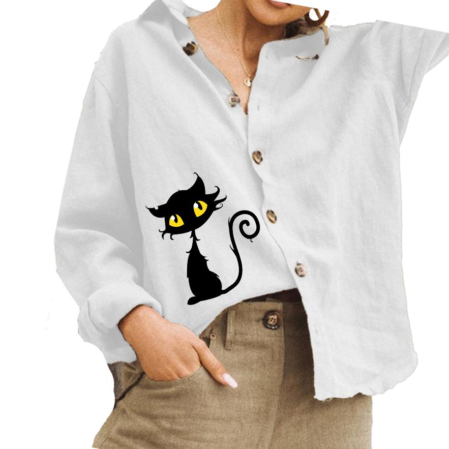 

Женская мода хлопок льняная рубашка повседневная кошачий принт блузка женская отложной воротник рубашка на пуговицах S белый