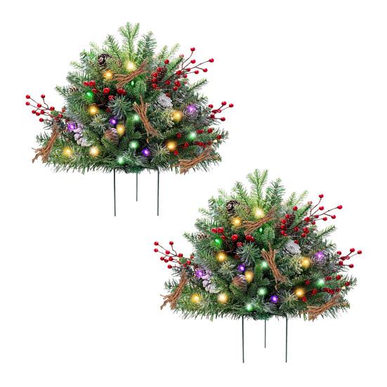 Lighted Artificial Christmas Urn Filler Battery Powered Pre-lit Xmas Pine Trees with LED Lights And Tripod Stake Holiday Planter Filler