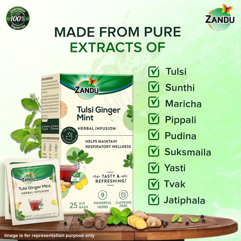 Zandu Tulsi Ginger Mint Herbal Infusion Tea 25 Tea Bags Pack of 1 Ayurvedic Wellness Drink