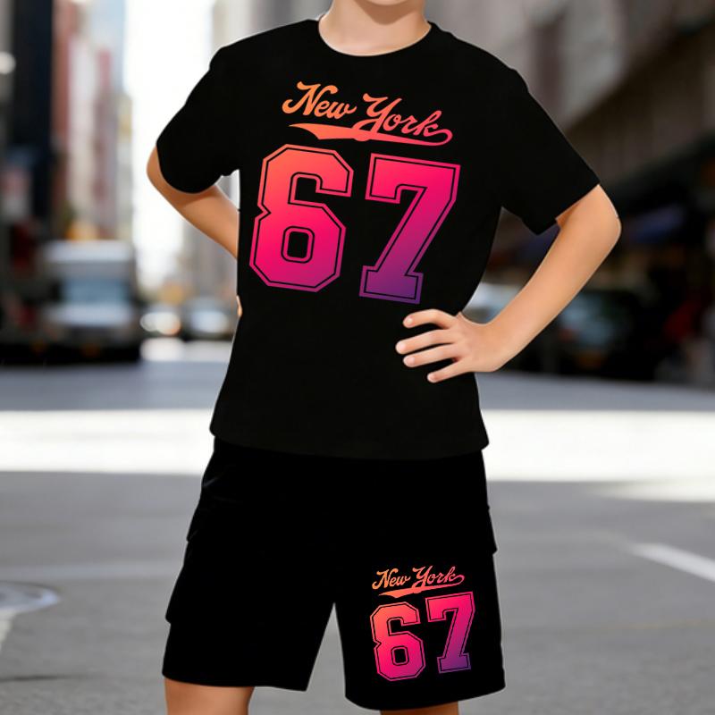 

Boys 2 Piece New York & Number 67 Print Outfit, Short Sleeve T-Shirt and Shorts Set for Kids Age 5-14, Black and White Sporty Casual Summer Clothes 5-6 Years чёрный