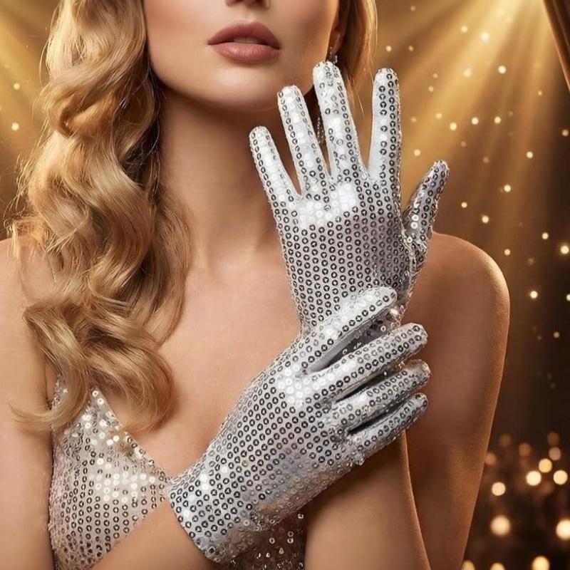 Silver Sparkly Mesh Gloves 1 Pair Shiny Glossy Women Dance Costume Accessory for Wedding Banquet Cocktail Party Cosplay