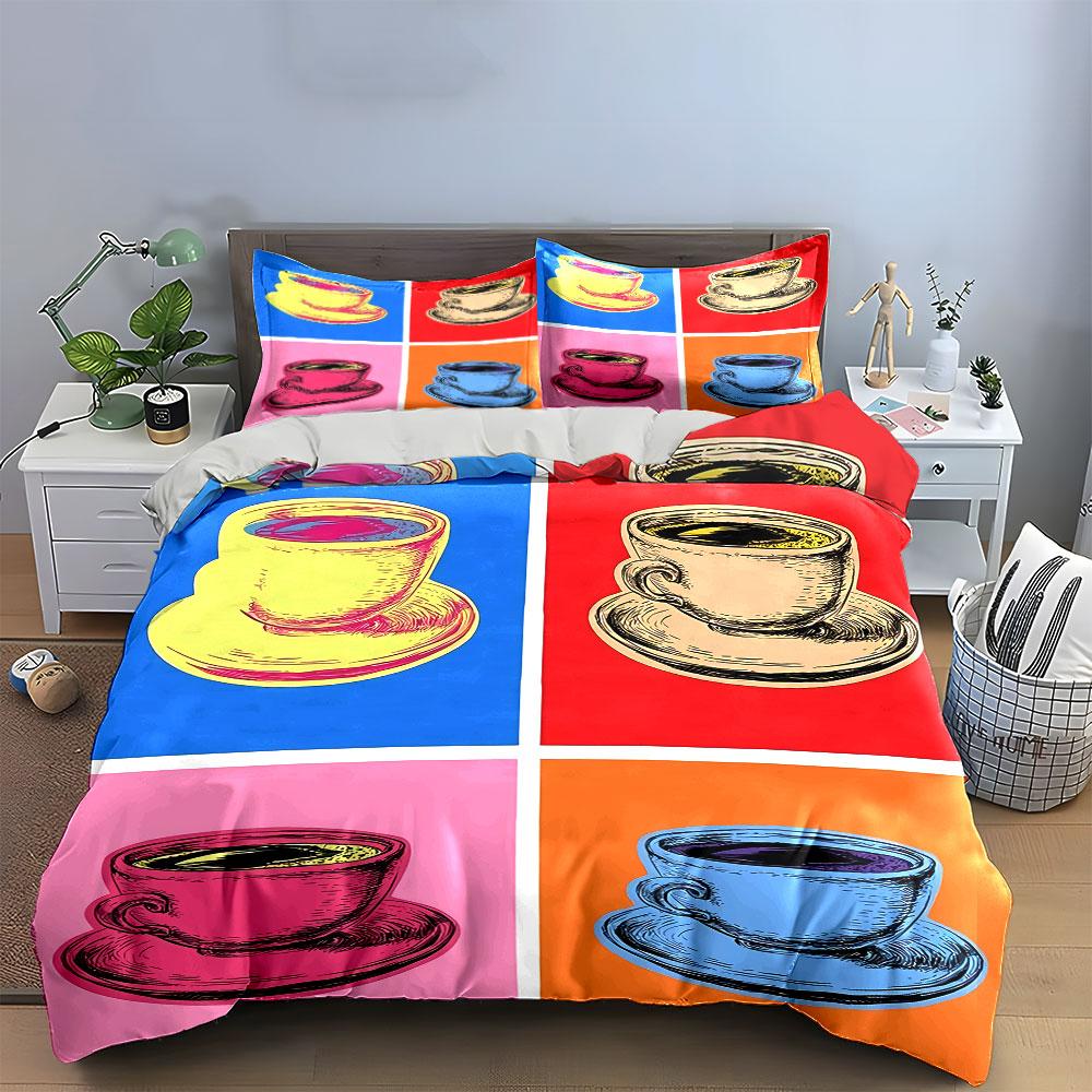 Pop Art Colorful Coffee Cups Bedding Duvet Cover Set Duvet Cover Pillowcases  (1*Duvet Cover 2*Pillowcases, without duvet insert)