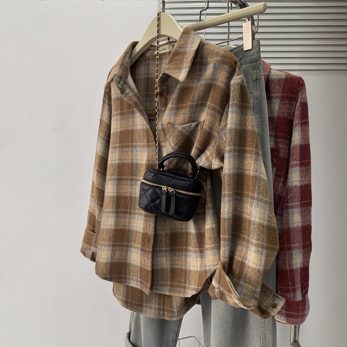 

Простые повседневные клетчатые топы с длинным рукавом для женщин 2025 Осень Зима S хаки