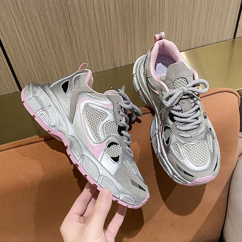Plateauschuhe mit dicker Sohle für Damen, Frühjahr 2024 neu, silbernes Mesh, atmungsaktiv, leicht, Sport- und Freizeitschuhe