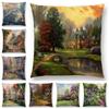 Home Decor Rustic Oil Painting Cushion Cover Beautiful Landscape Castle Lighthouse Sofa Pillow  Bedroom