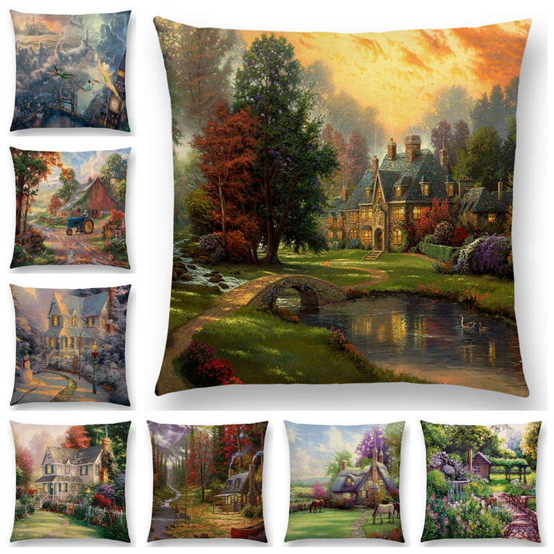 Home Decor Rustic Oil Painting Cushion Cover Beautiful Landscape Castle Lighthouse Sofa Pillow  Bedroom