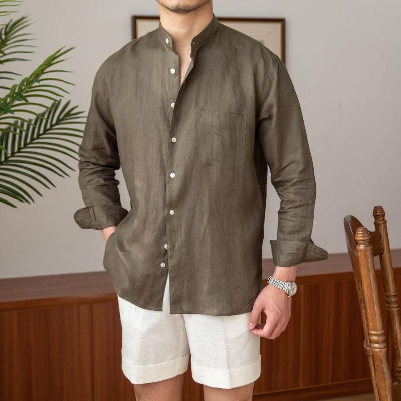 Men Linen Blend Mandarin Collar Long Sleeve Shirt Casual Breathable Lightweight Spring Autumn Shirt