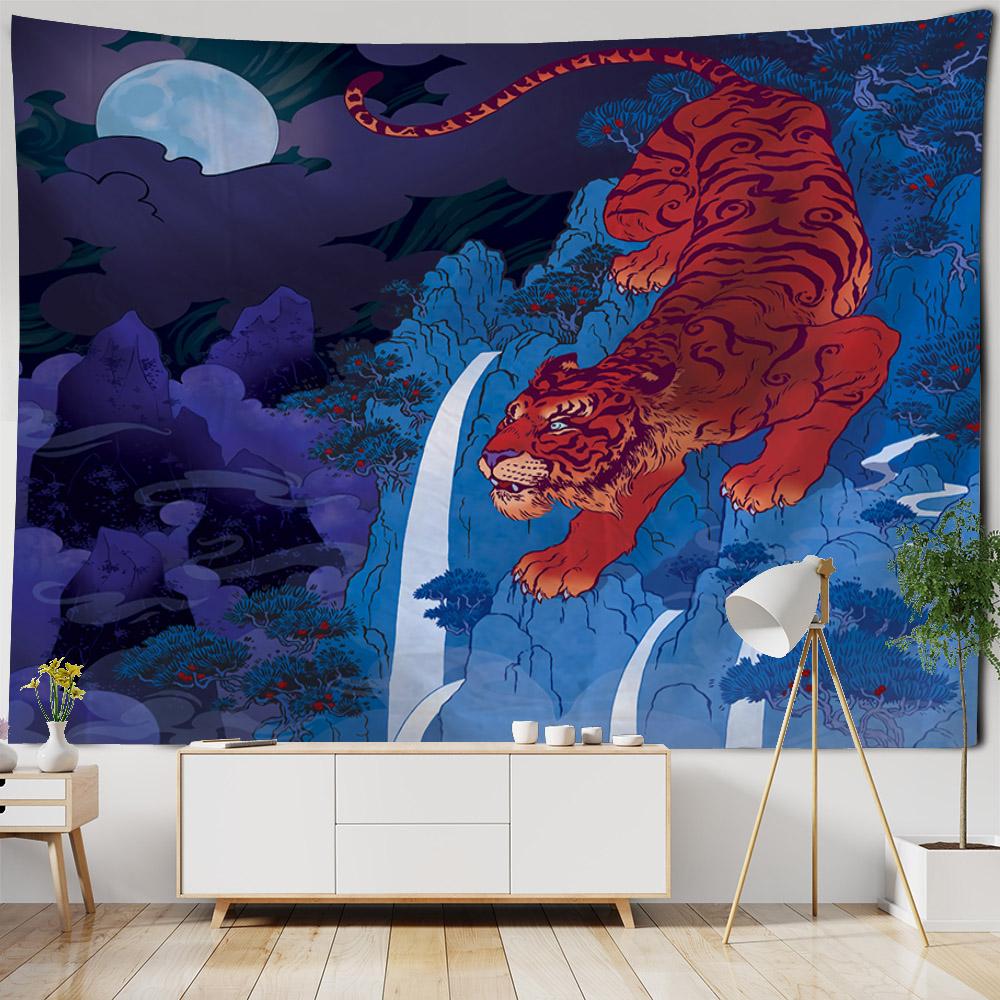 Tiger art tapestry, animal illustration wall hanging cloth, home wall decoration background cloth dormitory living room bedroom