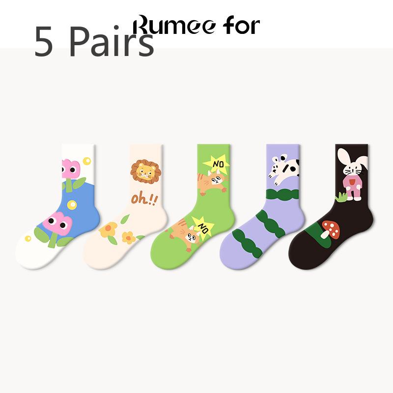 5 Pairs of Female Spring and Summer Trend Cartoon Tube Socks