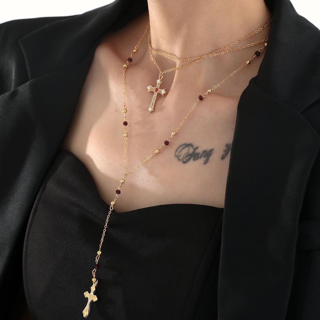 Holiday Style Necklace, Fashionable Light Luxury Cross Pendant, Fringed Long 3-Piece Set Item.
