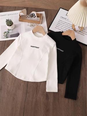Girls' Embroidered Long-Sleeve Slim-Fit T-Shirt - Versatile Casual Top for Big Kids (Autumn/Spring)