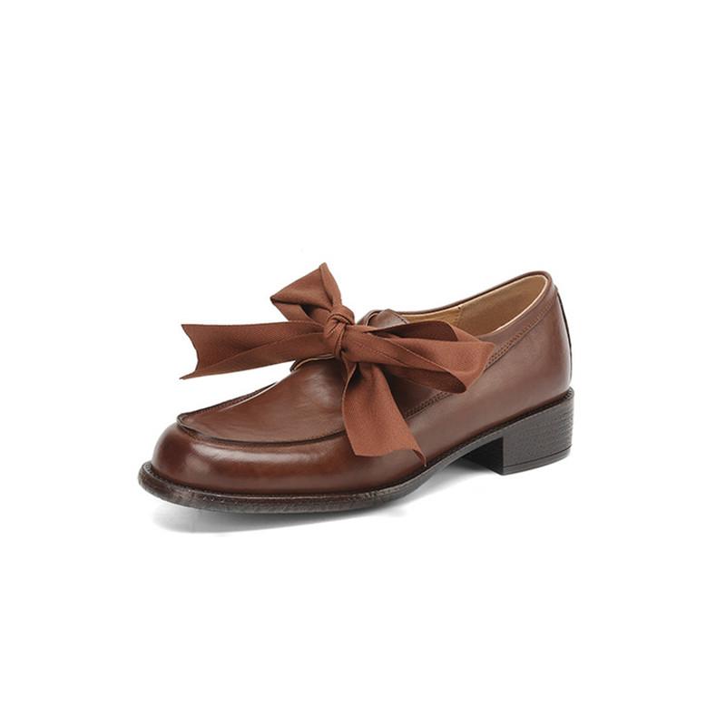 Fashion New Spring Cow Leather Woman Shoes Round Toe Women Pumps Shoes for Women Chunky Heel Loafers Fashion Bow Decoration Casual Shoes