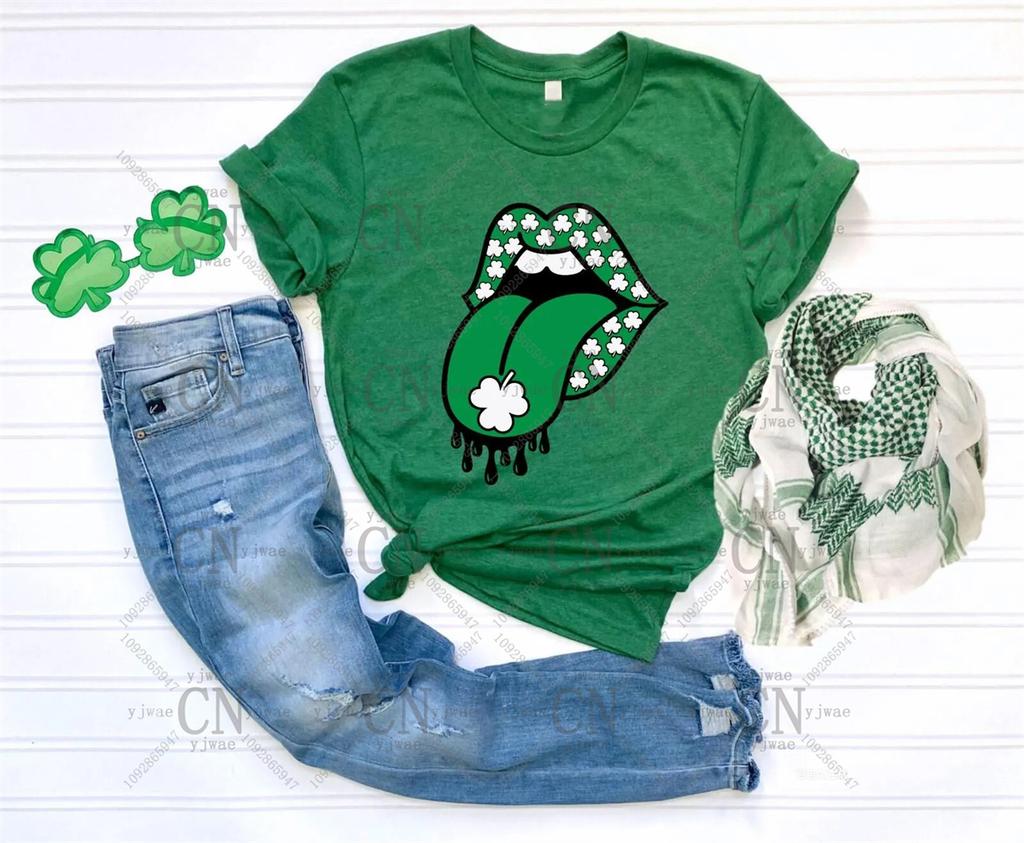Lucky Lips St Patrick's Day T-shirt Family Matching Tee Irish Shamrock Tee High Quality Polyester Top Summer Men's Women's T-shirt