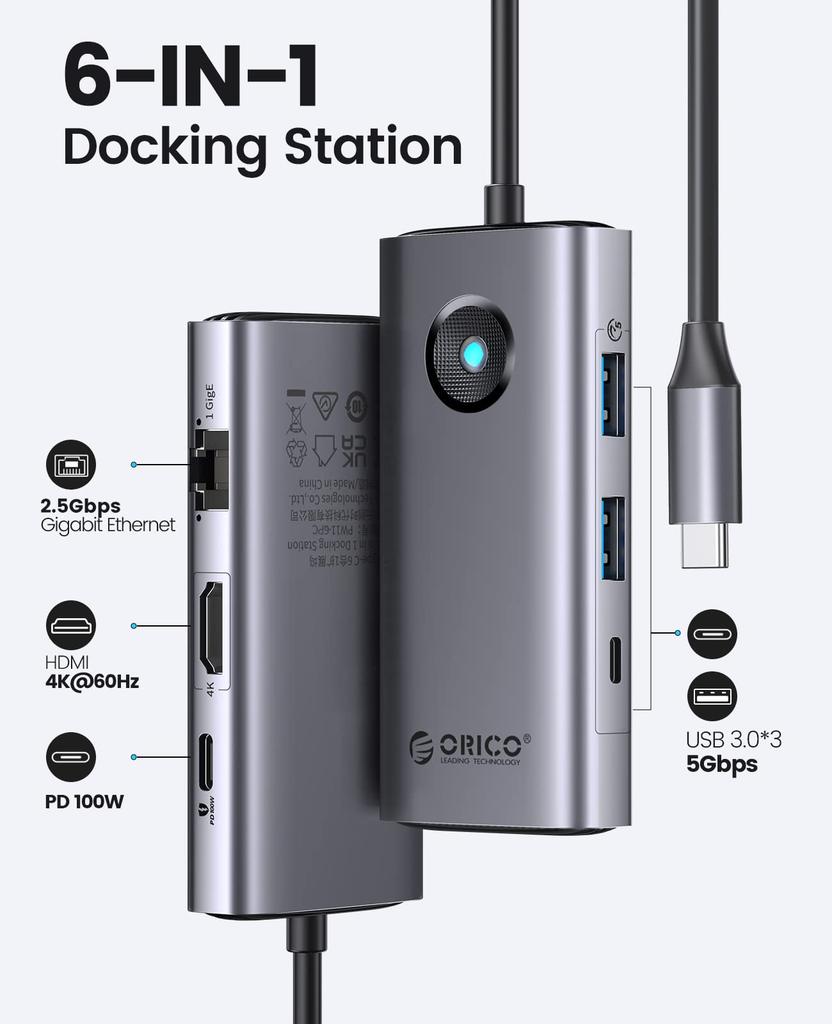 Docking ORICO 6 In 1 USB 4K PD 2 1 USB C Multiport Adapter for Windows Mac Station, Hub, HDMI, 2.5G Ethernet, 100W, USB-A 3.0 Ports, USB-C 3.0 Port,