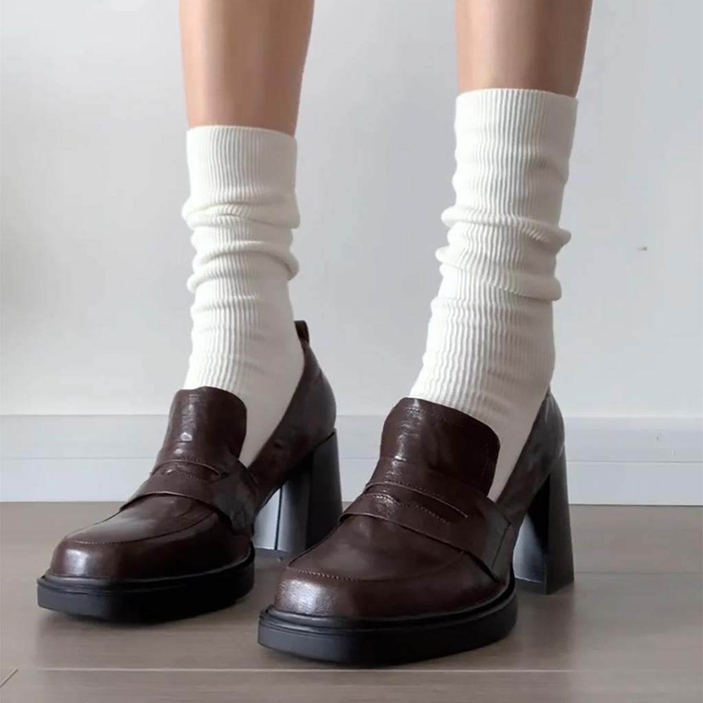 Cowhide Version~ Retro British High-heeled Small Leather Shoes Women's Thick Heel One-pedal Loafers Square Head College Style Jk Women's Shoes