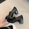 Cowhide~ Height Increase Cm Retro Leather Thick Heel Women's Round Head High Heel Single Shoes Lazy Person Pedal Small Leather Shoes