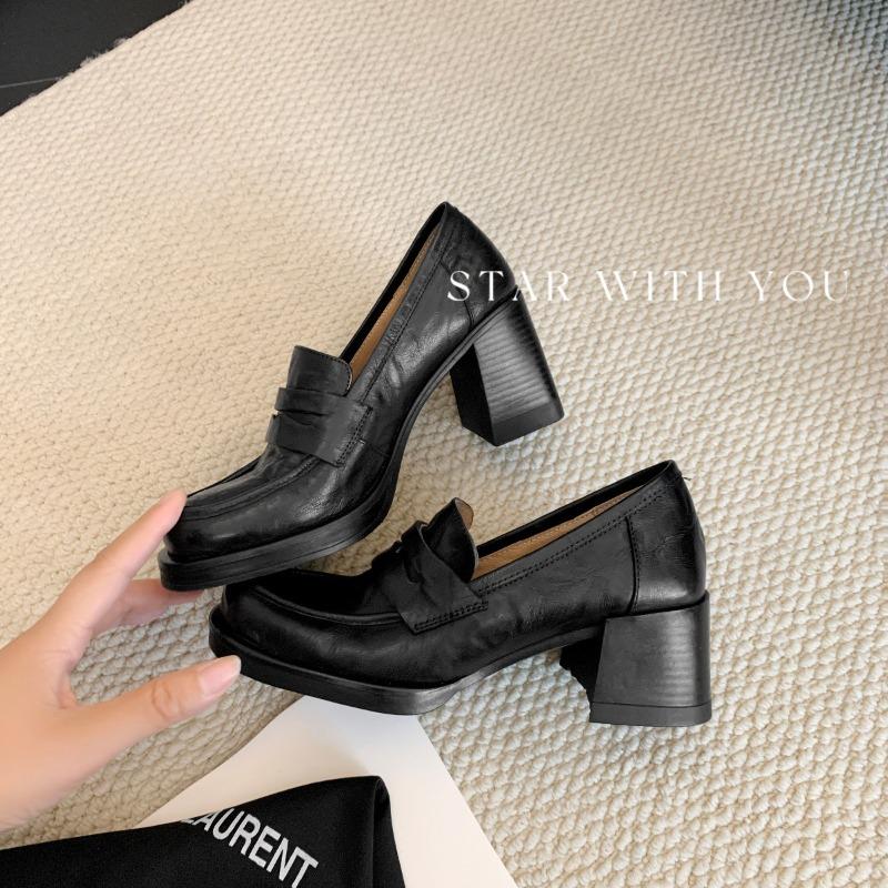 Cowhide~ Height Increase Cm Retro Leather Thick Heel Women's Round Head High Heel Single Shoes Lazy Person Pedal Small Leather Shoes