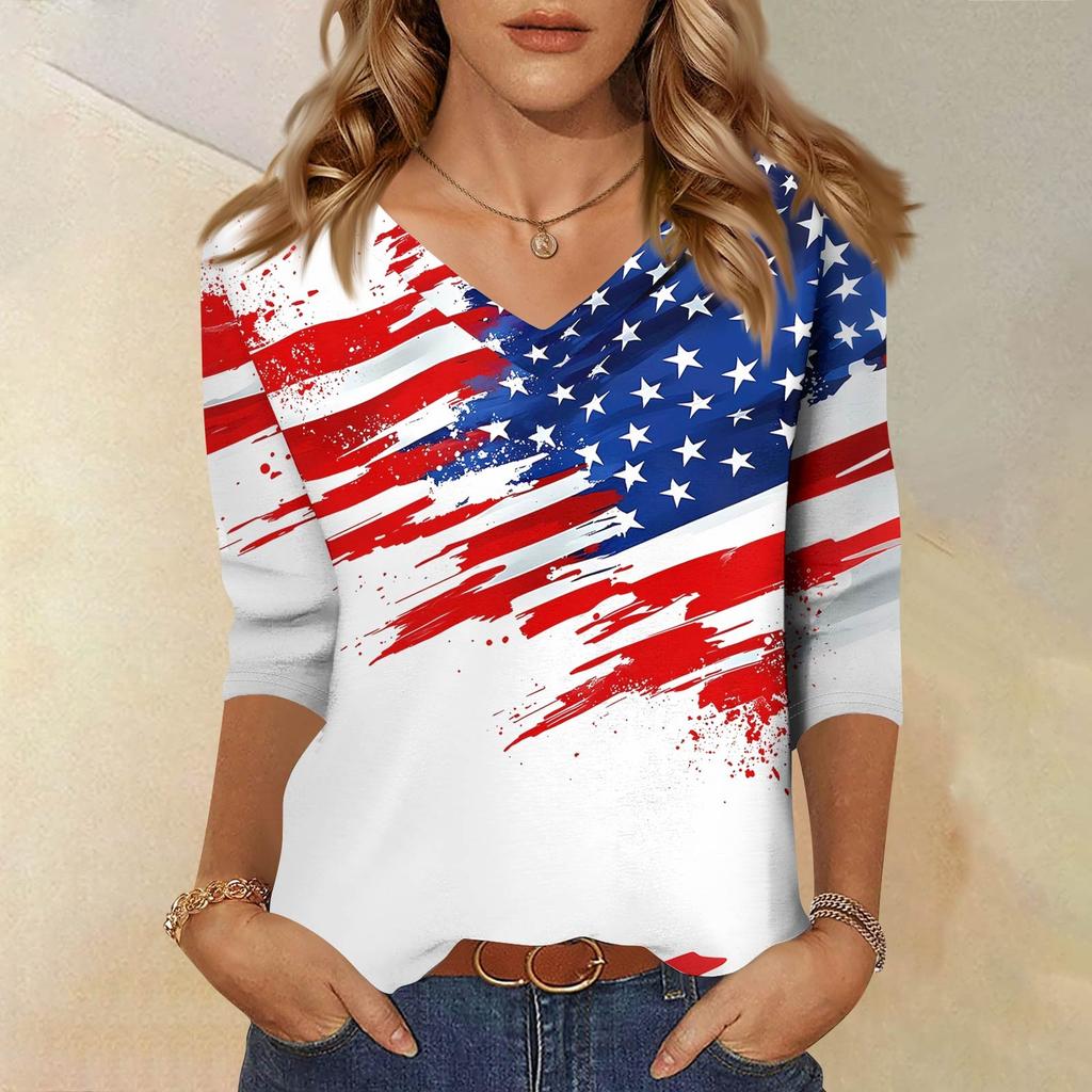 Damen Tops Dreiviertelärmel Shirt V-Ausschnitt Lockeres Freizeithemd Blumendruck T-Shirt
