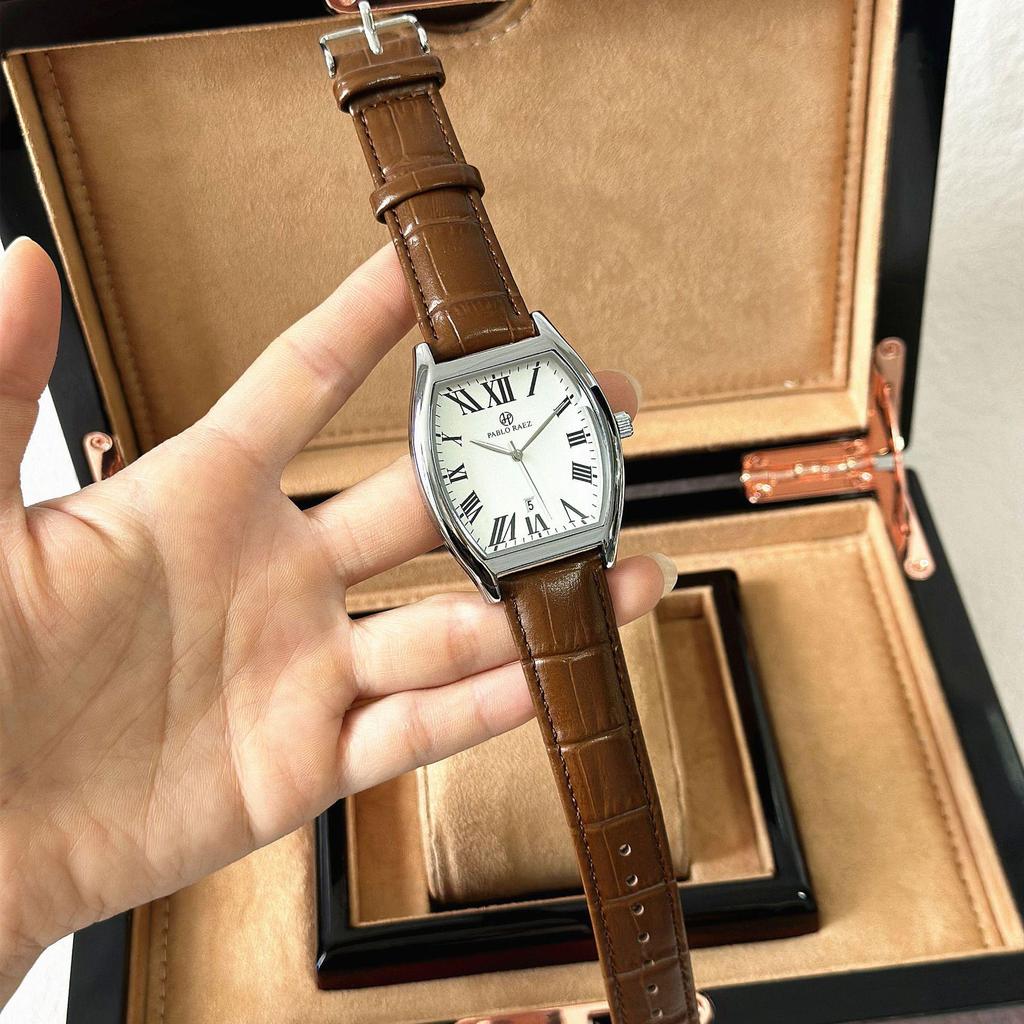 Pablo Raez Barrel Watch: Waterproof Leather Strap, Calendar, Casual Men's Style.