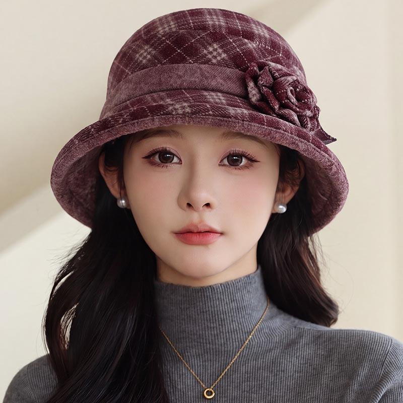 Autumn and winter plaid flower pot hat women's retro woolen top hat middle-aged old mother old woman versatile warm bucket hat