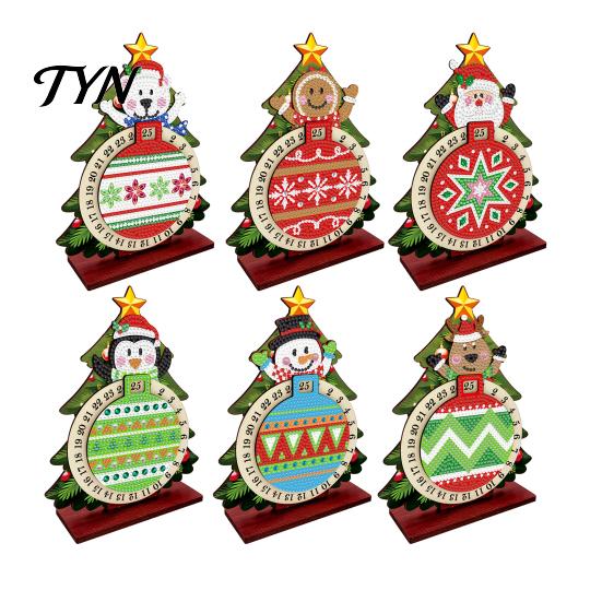 Creative Christmas Gift DIY Rhinestone Painting Countdown Calendar, 25 Days Rotating Winter Wonderland Decor Tree Advent Wooden Tabletop Ornament for