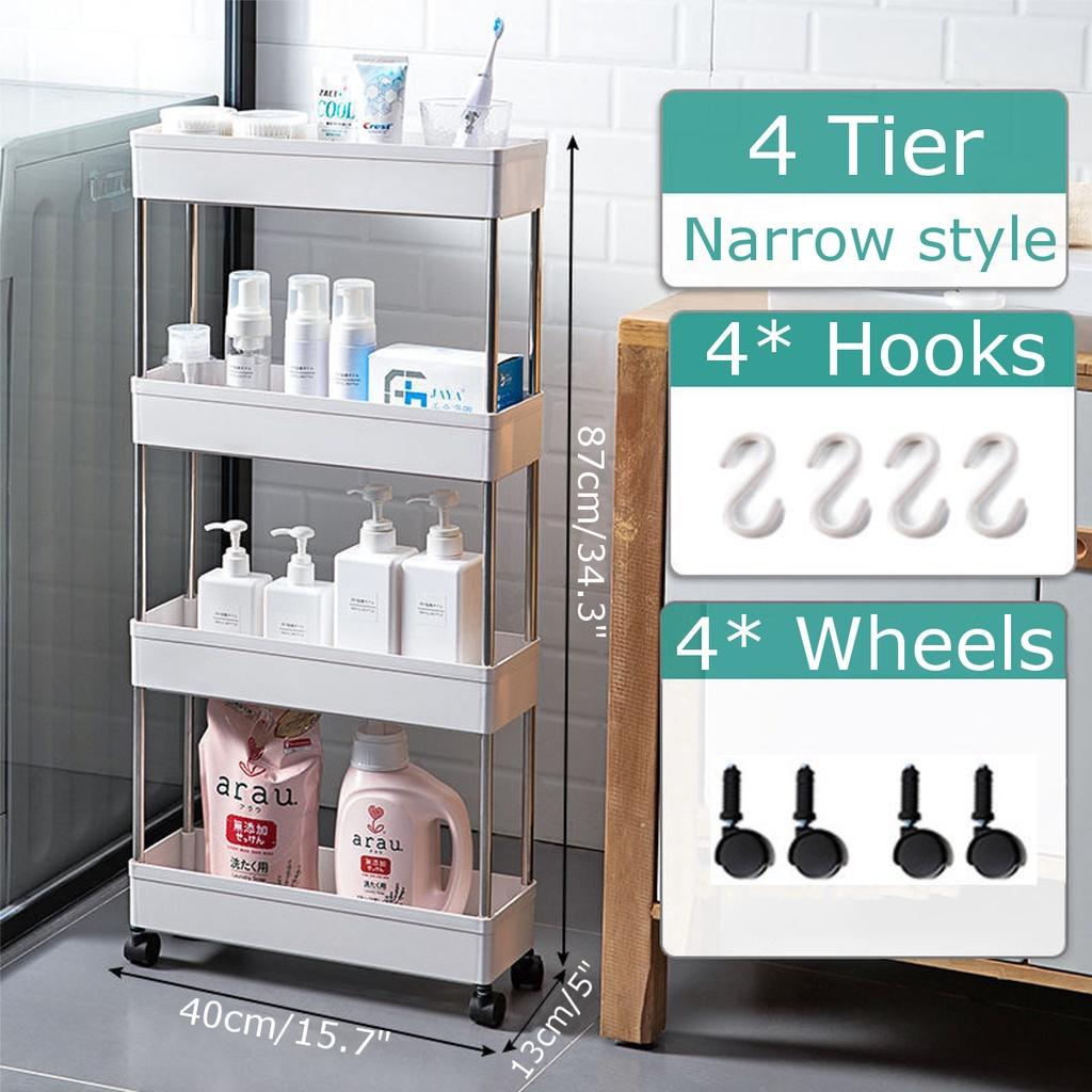White 4-Tier Multifunction Kitchen Trolley Rack Wide Slim Space Saver Bathroom Kitchen Storage Shelf with Wheels PP And Steel