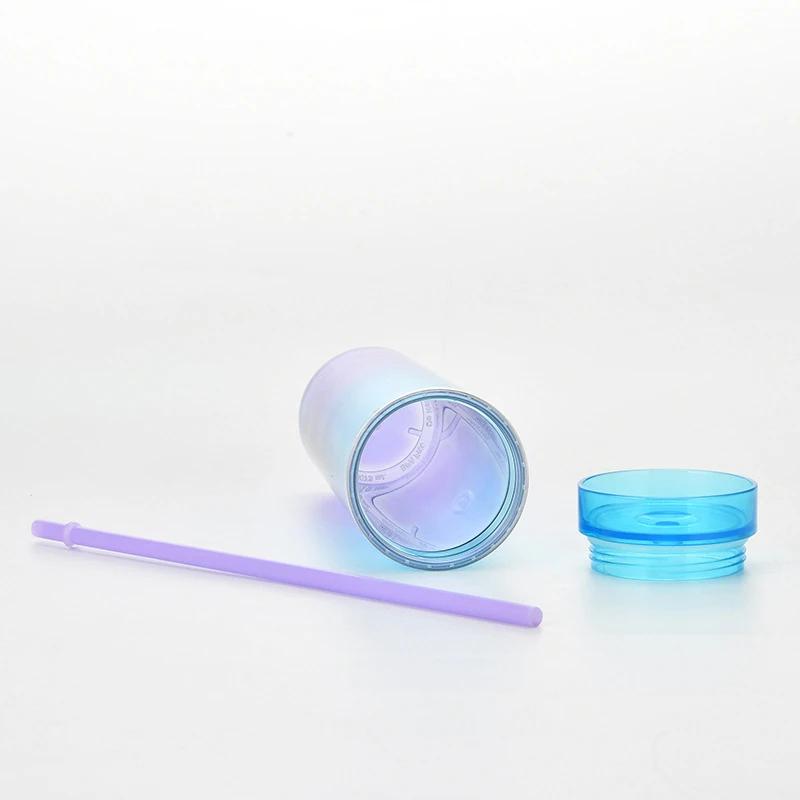 16oz Gradient Rainbow Skinny Tumbler din plastic Sticle de apă Cupă dreaptă, cu două straturi, Curcubeu, cu paie
