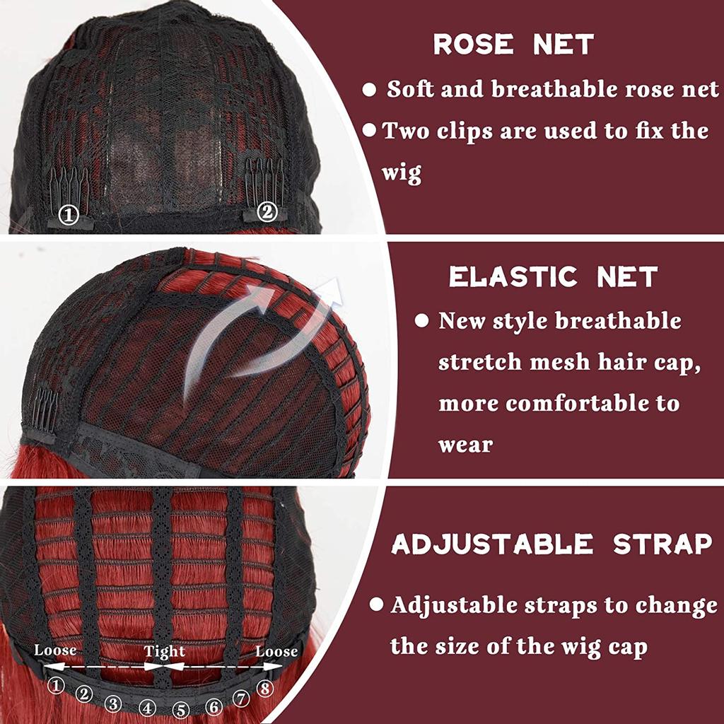 MERISIHAIR Long Wavy Wig with Bangs, Wine Red Wigs for Black Women,Dark Burgundy Synthetic Wavy Curly Wig 24 Inches