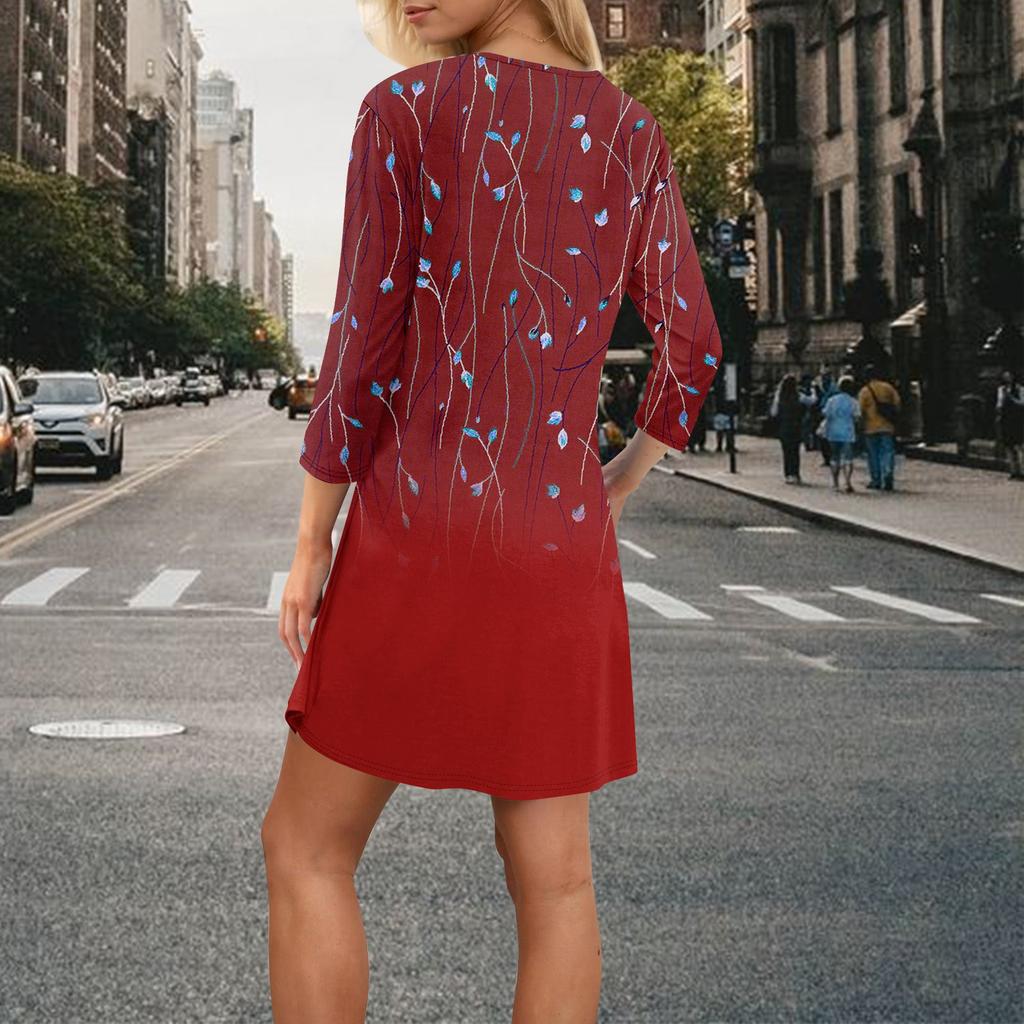 Women's Summer Dress Loose V Neck Three-quarter Sleeve Sundress With Pockets Dress