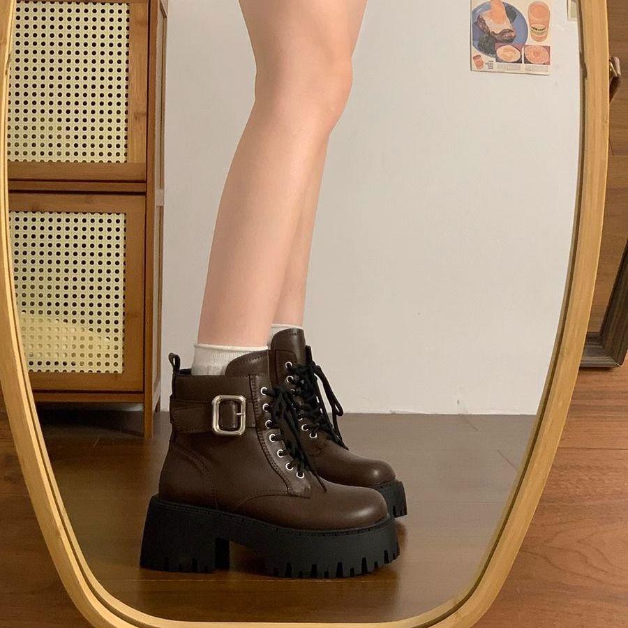 Height Increase Leather Round Toe Woman Short Shoes Spring Autumn Lace-up Chunky Booties High Quality Hot Ankle Boots for Women